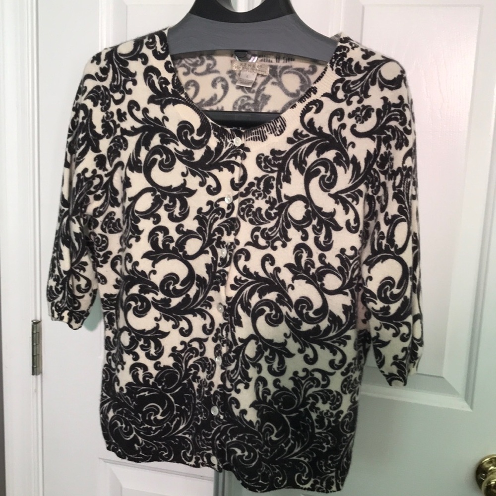 Kenar L Cashmere Cream and Black Button Front Sweater w/ Elbow Length Sleeve